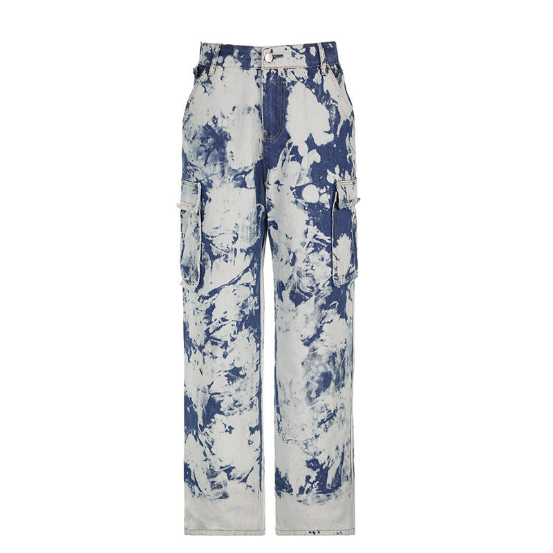 Washed Tie-dye Pocket Stitching High Waist Straight Jeans
