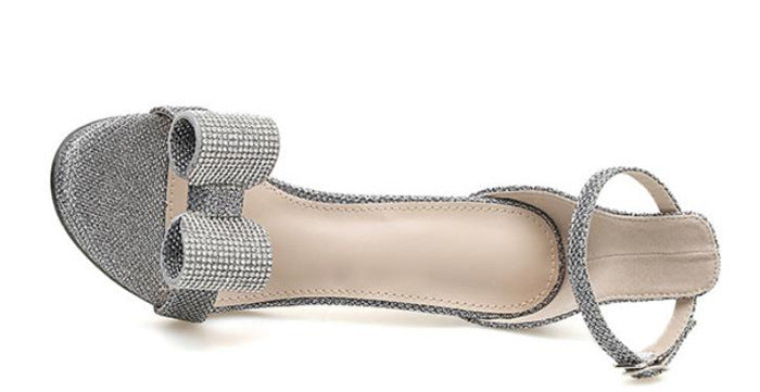 Summer Rhinestone Sandals Silvery Butterfly-knot Women Fashion High Heels Ankle Buckles Ladies Sandals Party Shoes