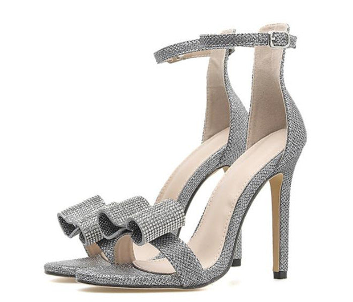 Summer Rhinestone Sandals Silvery Butterfly-knot Women Fashion High Heels Ankle Buckles Ladies Sandals Party Shoes